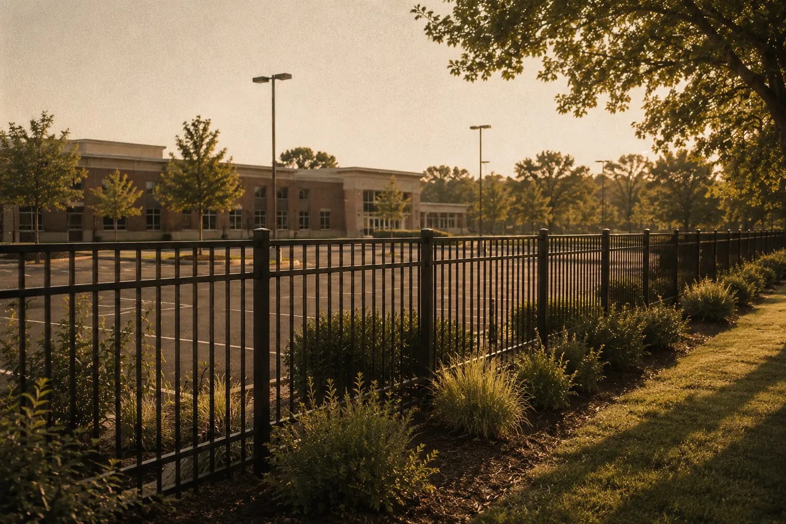 Long black decorative aluminum fence bordering a charter school
