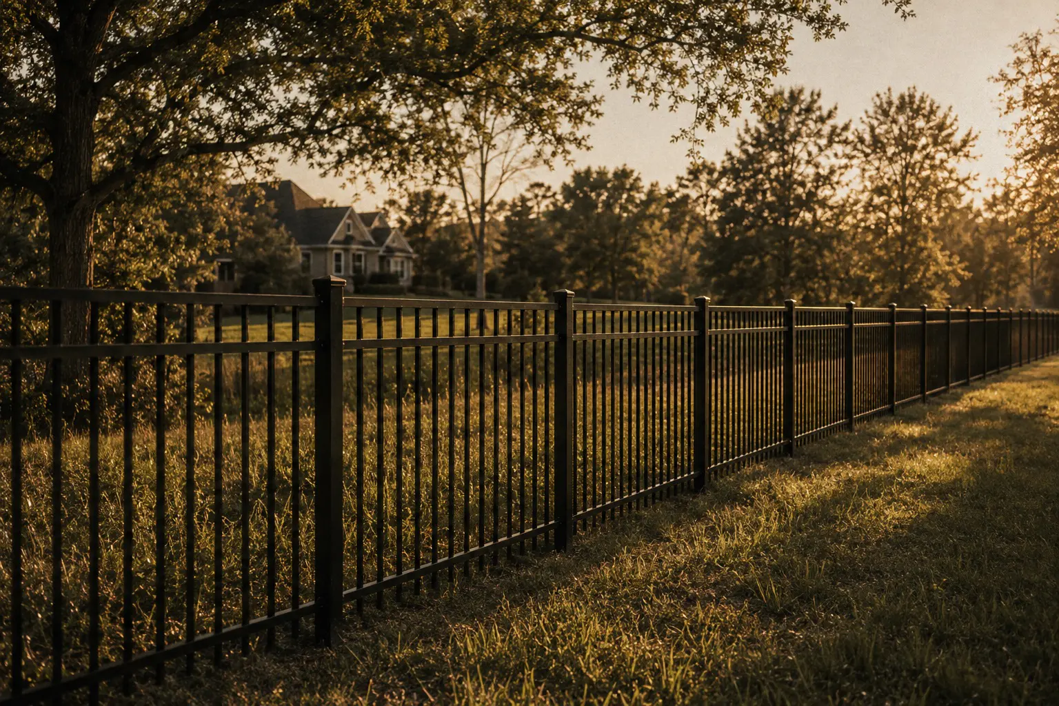 Black decorative aluminum fence following a long residential property line