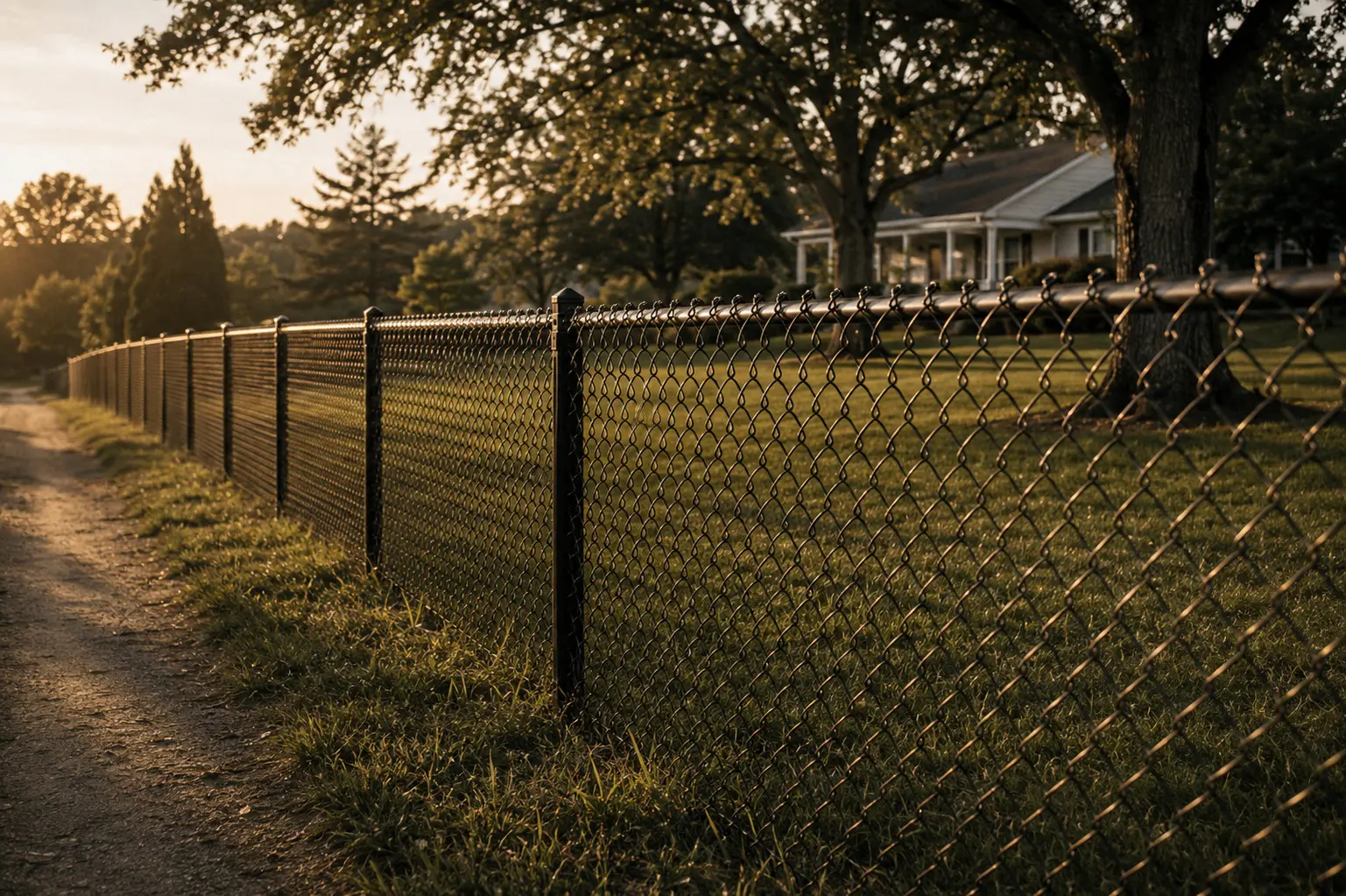 Black-coated chain-link fence following a residential property line