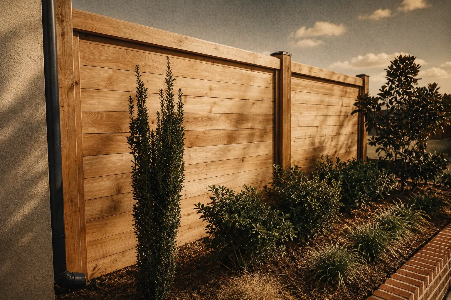 Horizontal wood privacy fence installed beside a landscaped yard