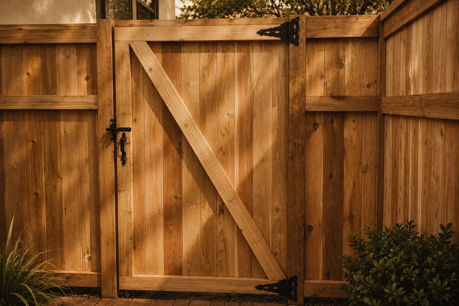 Custom cedar privacy gate with diagonal bracing and black hardware