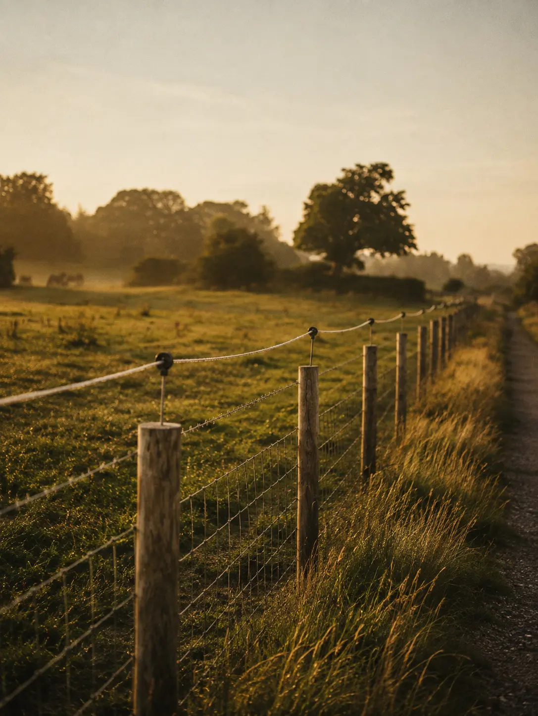 Ranch fence posts and wire extending beside a pasture access road in Sunset, Louisiana