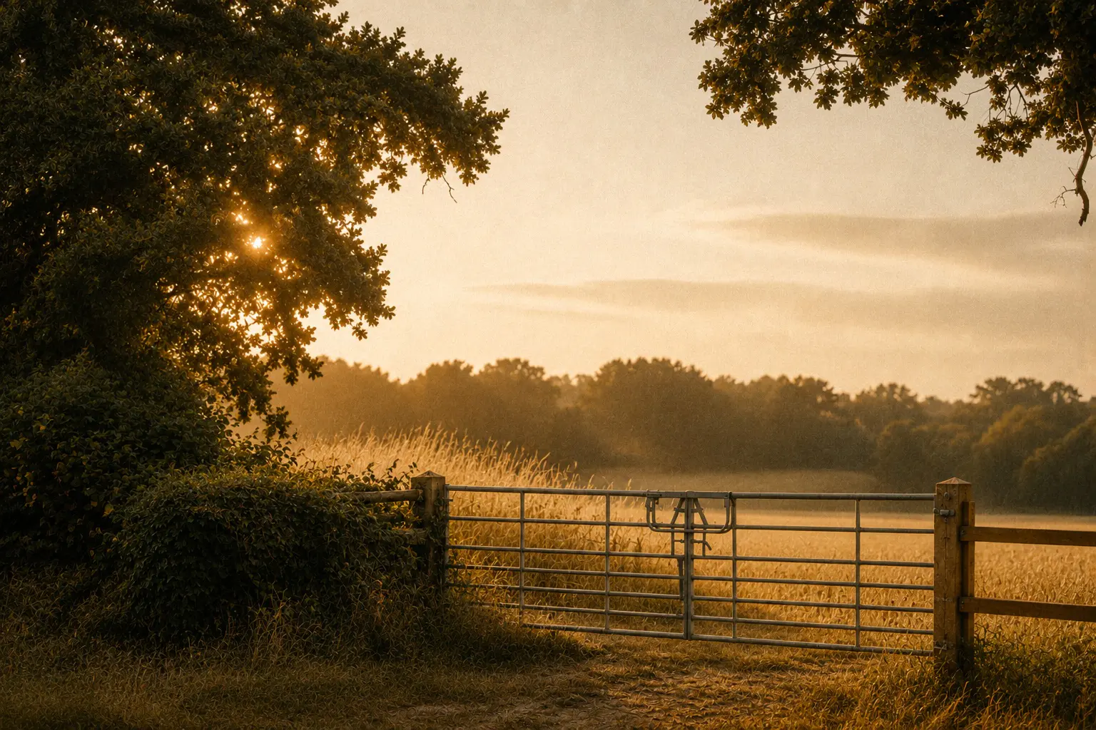Metal ranch gate opening into a South Louisiana pasture