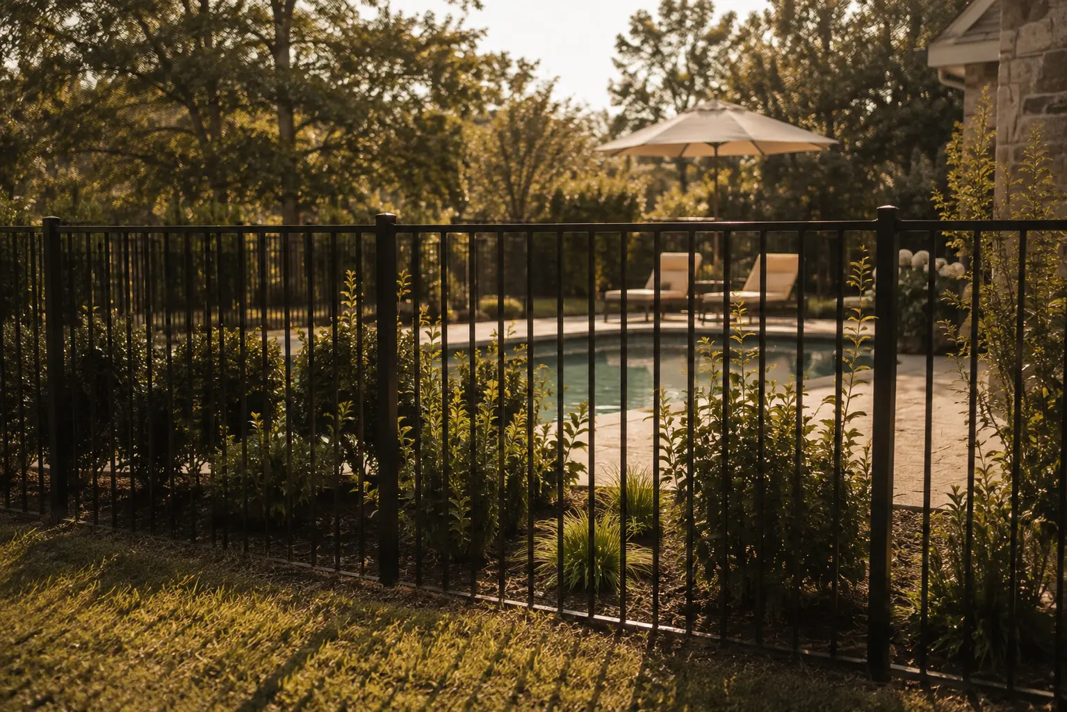 Black decorative aluminum fence enclosing a landscaped swimming pool